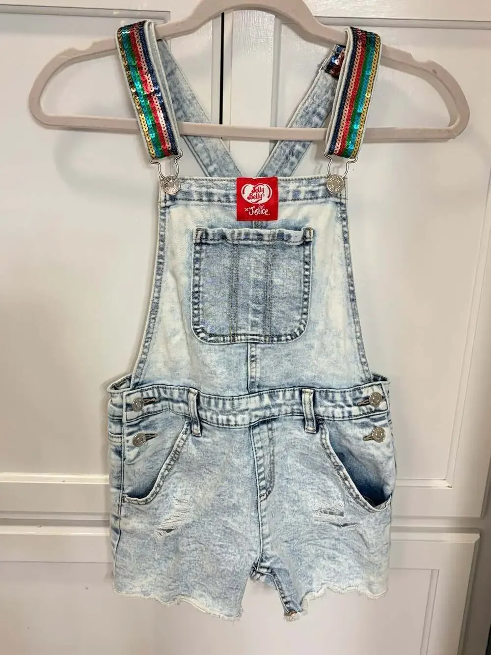 Justice x Jelly Belly Girls Denim Shortalls Rainbow Sequin Straps Size 14